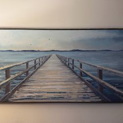 Framed Coastal Pier Painting