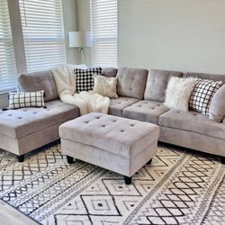 COSTCO Gray Chenille Sectional Couch And Ottoman