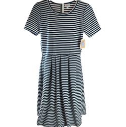 LuLaRoe Amelia Dress Medium Blue White Striped Fit Flare Pleated Stretch