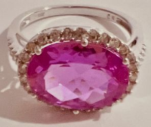 ✨NEW Stunning 6 CT Pink Sapphire .33 CT Diamonds 10KT Solid White Gold Cushion Cut Ring ‼️REDUCED $440 FIRM‼️