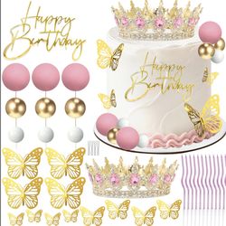 AMZVALU Crown Cake Topper, Balls Happy Birthday Cake Topper Pink Crown Birthday Candles Gold Butterflies, Corona Para Pastel, Cake Decorations For Bir