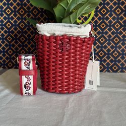 NWT Emerson Warm Red Woven mini Bucket Bag with Embroidered Strap