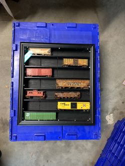 2 Custom made HO Train displays & 3 G scale trains 