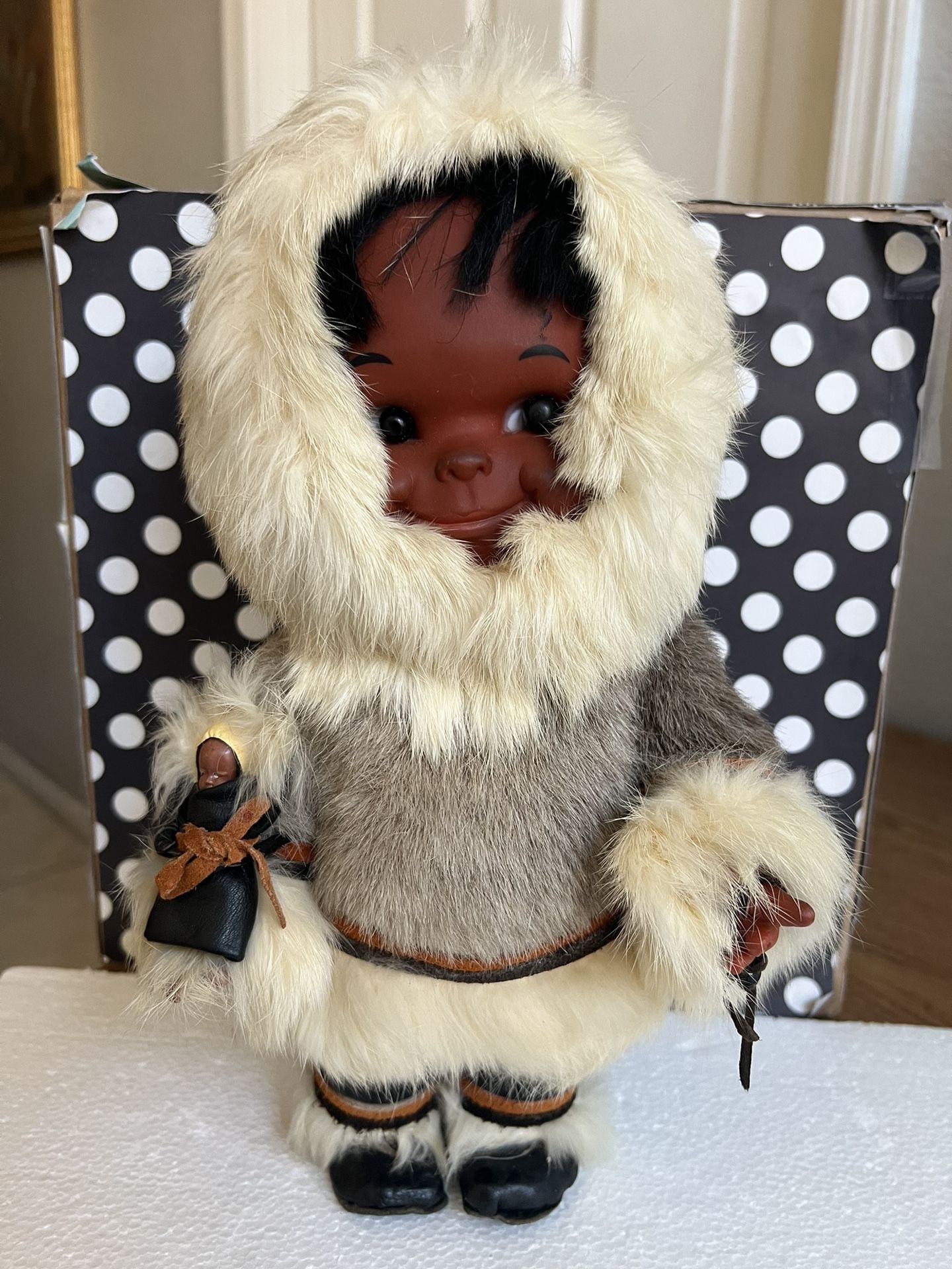 Vintage Native American Alaska Eskimo Doll Real Rabbit Fur Plastic/Vinyl 12"Tall