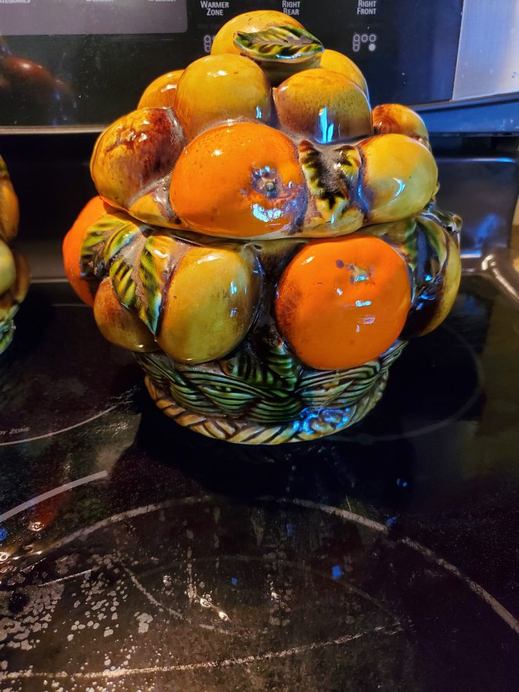 Mid century Inarco orange spice fruit basket cookie jar