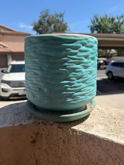 Teal Ceramic Planter with Saucer