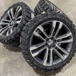 22” Chevy GMC Style Wheels Rims Gun Metal + 33x12.50x22 Mud Terrain Tires (4)-We Finance
