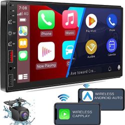 7 Inch Wireless Double Din Car Stereo, 1080P HD Touch Screen Audio Carpuride System, 2 USB Charging, 32 EQ, for Wireless Apple Carplay and Android Aut