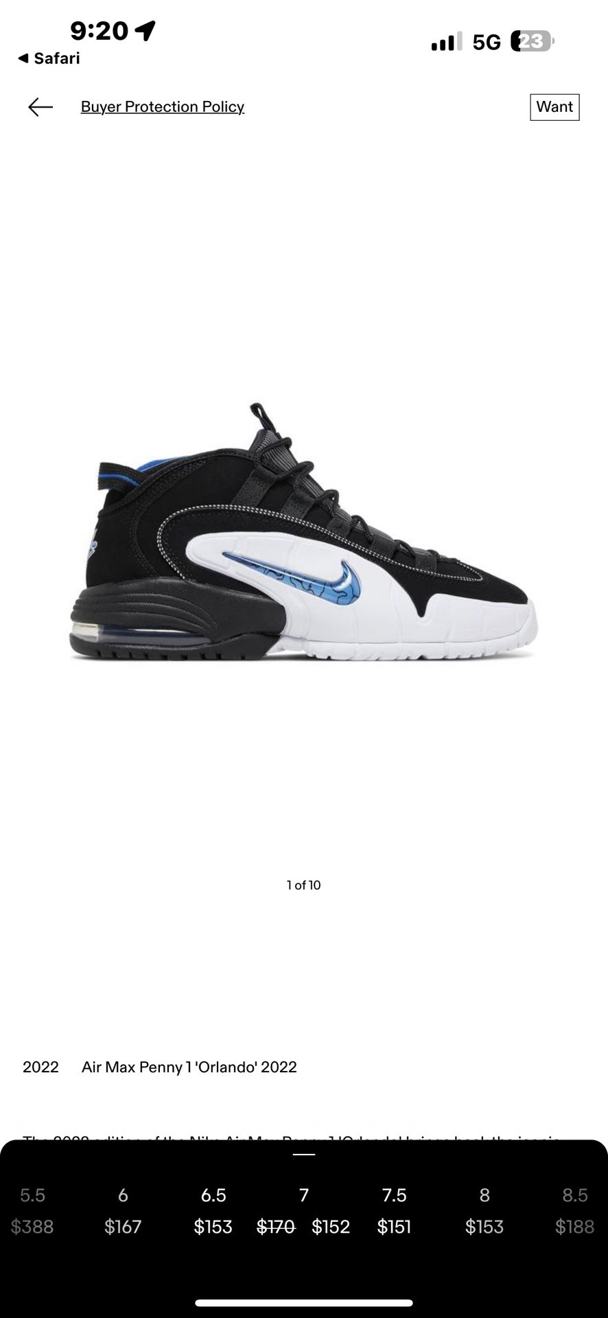 Air Max Penny 1 ‘Orlando’ 2022 Big Kids Sz 7/Women’s Sz 8 1/2/Men’s Sz 7