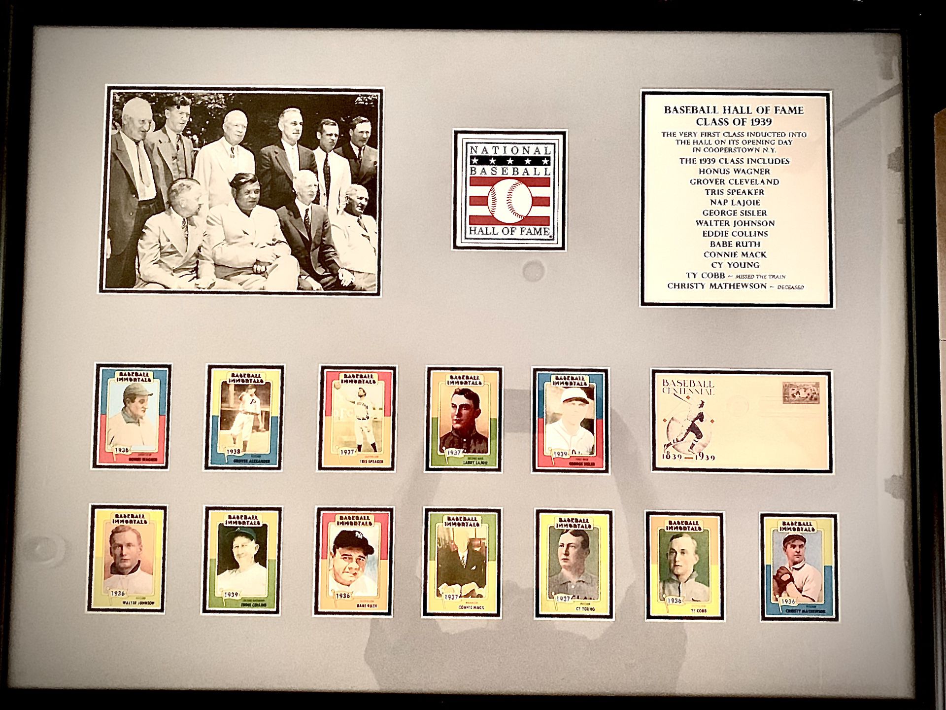 Framed And Matted Baseball Immortals Cards, Baseball Centennial Post Card  And HOF Players Photo