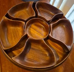 Antique mid century, wood spins Serving Tray with 5  Removable Dishes