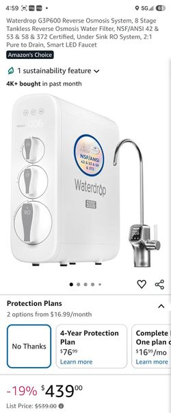 Waterdrop G3P600 Reverse Osmosis System, 8 Stage Tankless Reverse Osmosis Water Filter, NSF/ANSI 42 & 53 & 58 & 372 Certified, Under Sink RO System, 2