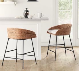 24" Landis Wicker Backed Counter Height Barstool with Cushion and Footrest White/ Black-