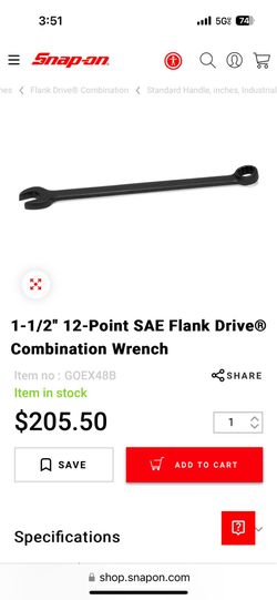 Snap-on Tools 1-1/2" 12-Point SAE Flank Drive® Combination Wrench