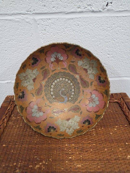 Vintage Soviet Brass Enamel Peacock Floral Bowl 10” Wide Beryozka Russia (W)