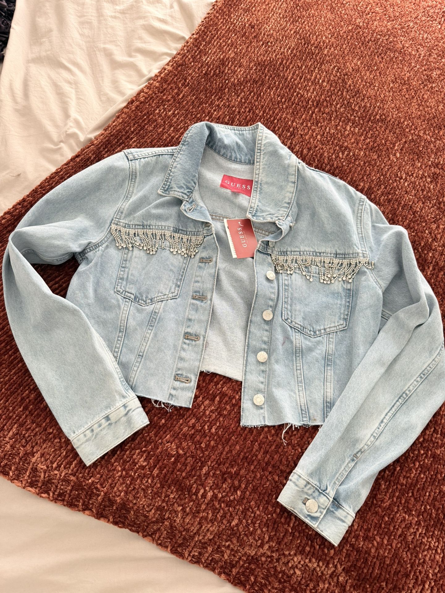 GUESS Rhinestone Fringe Cropped Denim Jean Jacket Size Medium M Brand New with Tags Bridal Bride Concert Cowgirl Girls Night Out