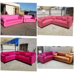 NEW  7FT SOFA AND LOVESEAT SET.  7X9FT SECTIONAL COUCHES.  PINK LEATHER VELVET PINK, DUSTY ROSE  , ORANGE FABRIC  Sofas 