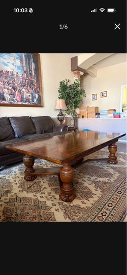 Large Refectory-Style Solid Oak Coffee Table w/Baluster Legs w/Trestle Base