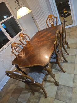 Elegant Solid Wood Cherry Dining Table Set – 6 Chairs, Inlay Top, Classic Style