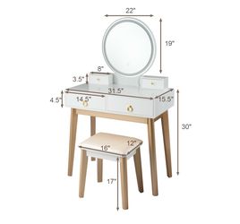 Makeup vanity table set with touch screen dimming mirror and 3 color lightning mode
