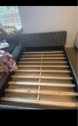 Upholstered Queen Platform Bed with Soft Fabric Solid Wood Bedframe for Bedroom, Living Room, Office