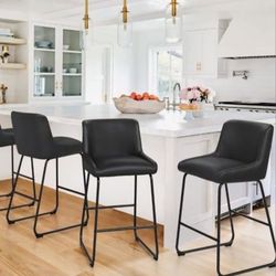 26 Inch Counter Height Bar Stools Set of 3, Faux Leather Upholstered Barstools, Barstool with Back, Comfortable Bar Chairs, Mod