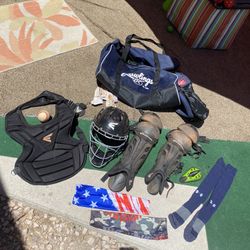 Baseball Catcher Gear Bag Ball Socks Chest Guard Protection Socks Arm  Sleeves Helmet Rawlings Easton for Sale in Las Vegas, NV - OfferUp