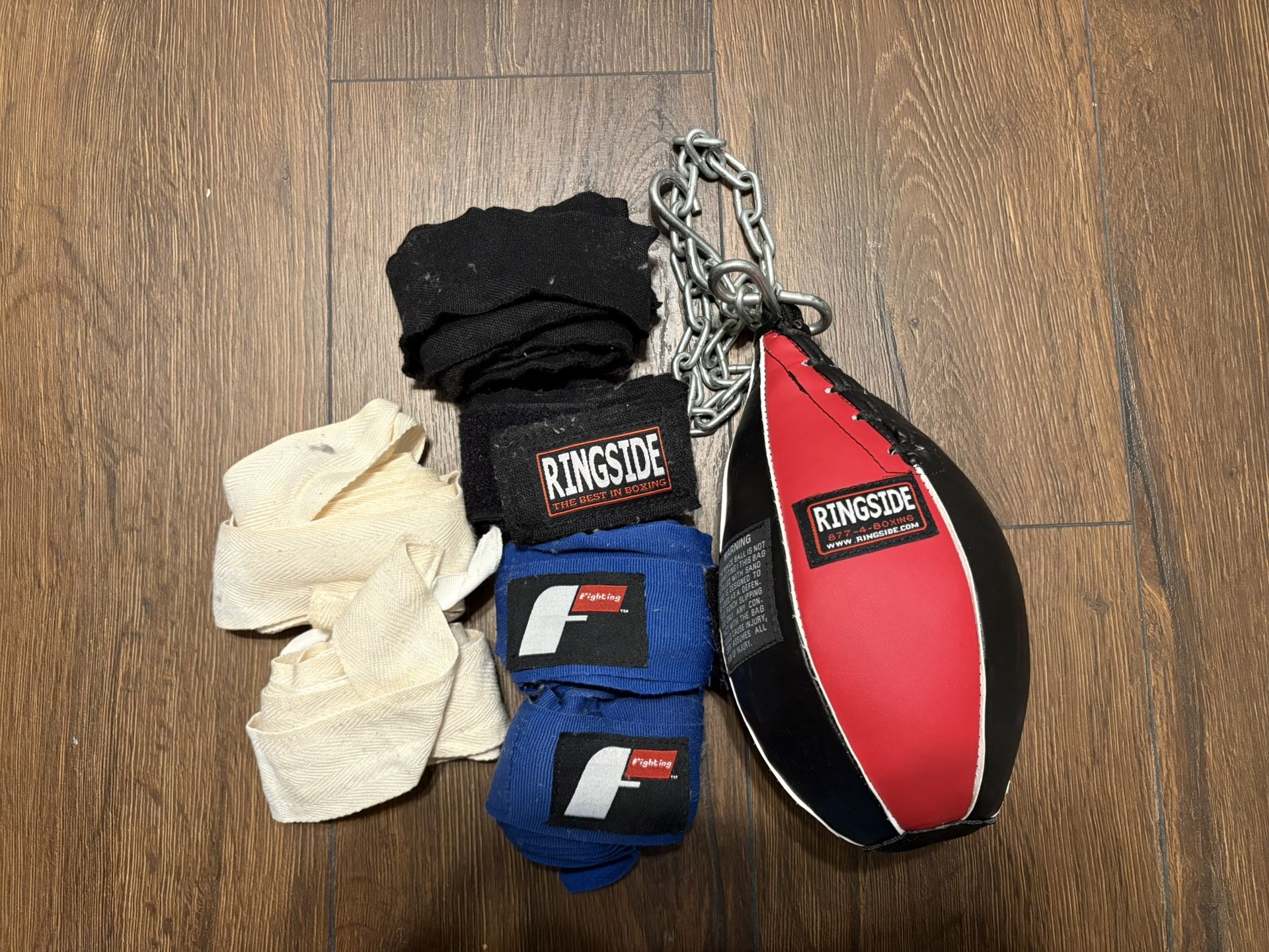"Ringside Maize Slip Ball Boxing Speed Bag 10""W x 1""H and 3 Used Boxing Wraps, "
