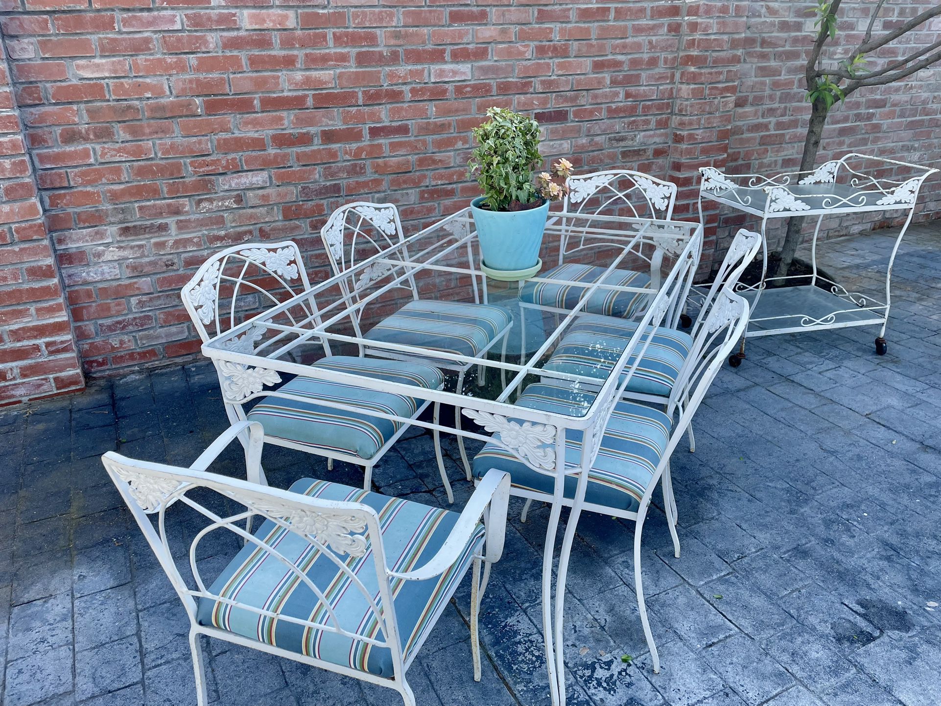 Vintage Mid Century  Wrought Table, 6 Chairs And Matching Tea Cart