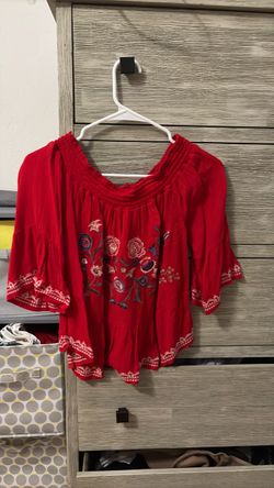Xhilaration Red Embroidered Boho Off-The-Shoulder Peasant Blouse, Size XS