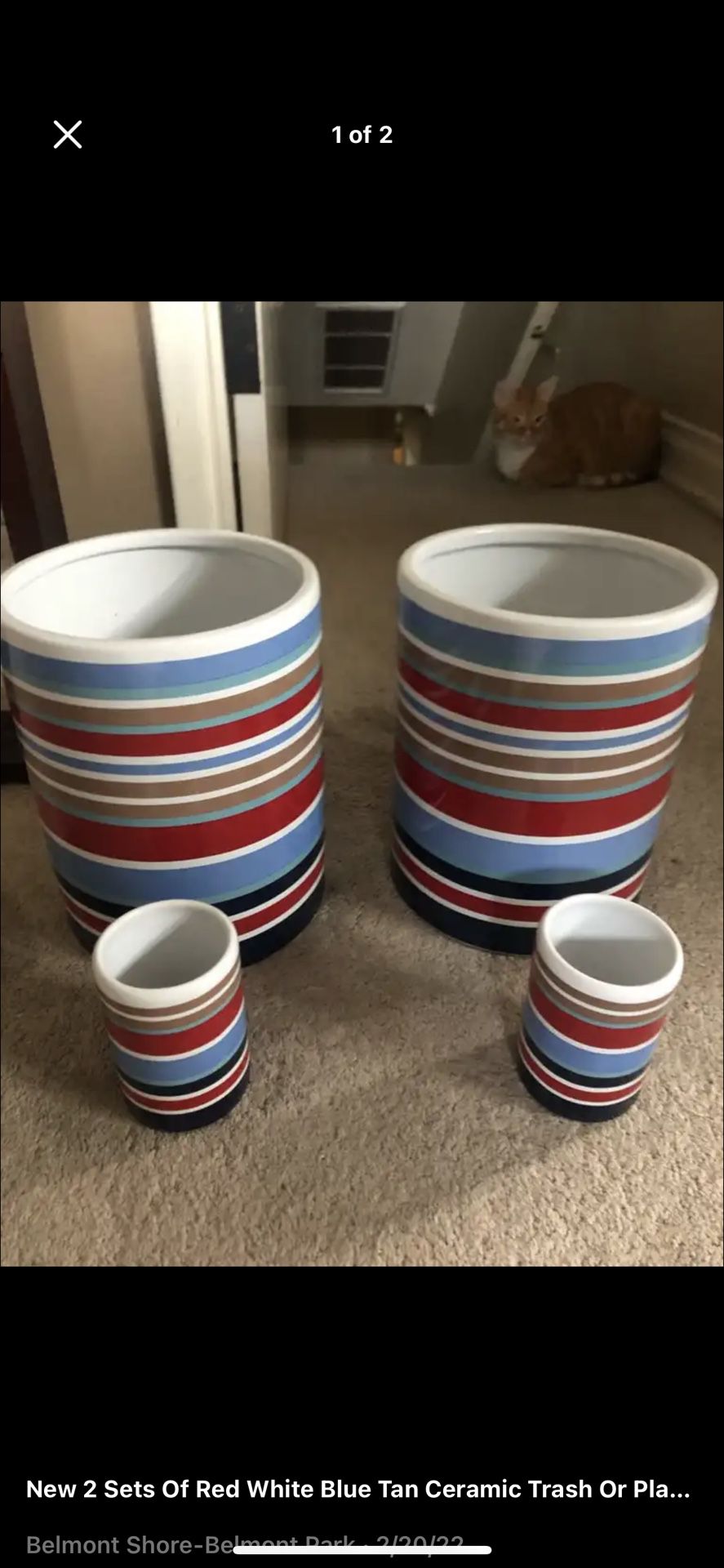 New Red White Blue Tan 2 Each Ceramic Trash Waste Cans Pots Plant Pots 