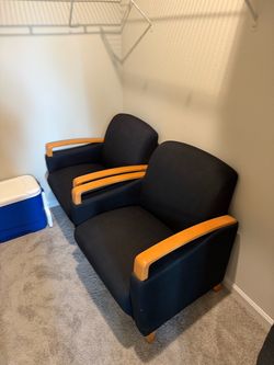Pair of Fabric Armchairs with Wood Accents