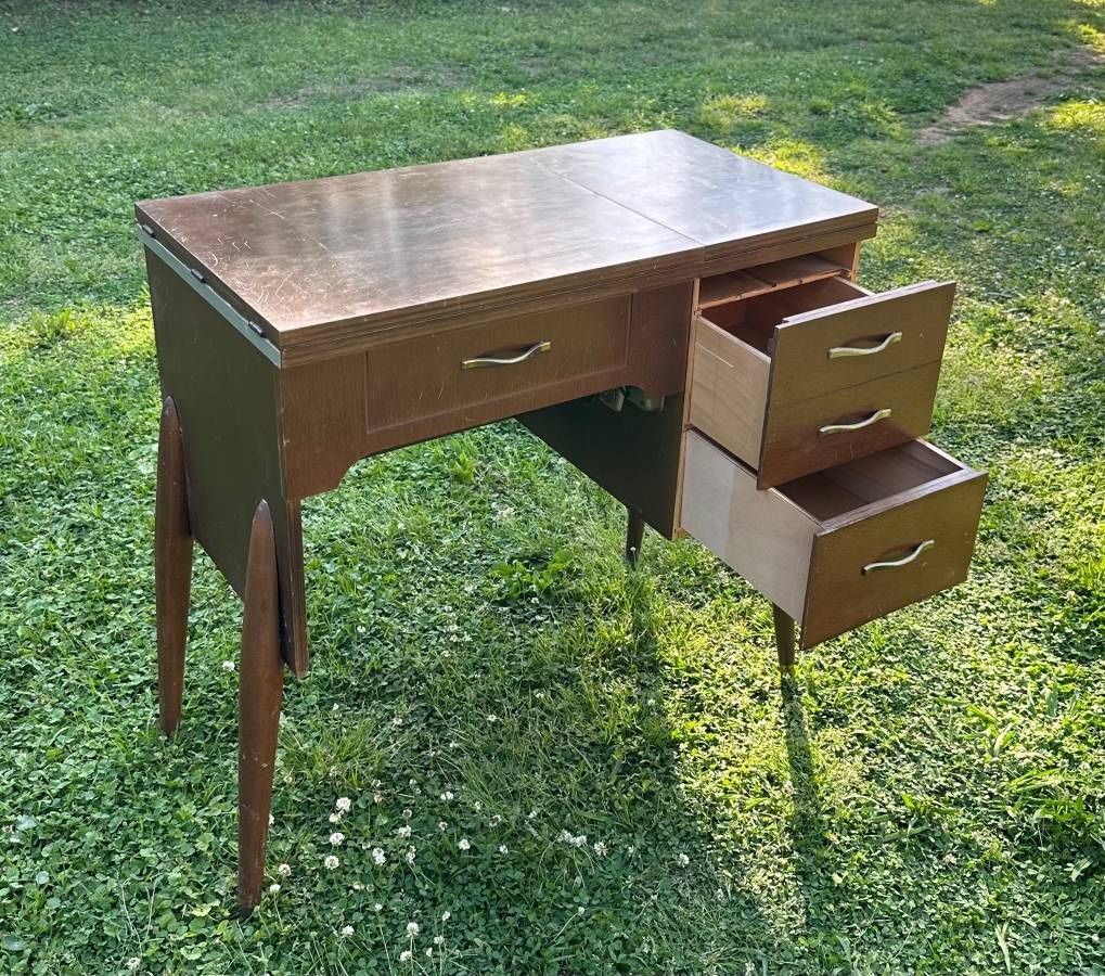 Vintage Mid Century Modern MCM Vanity Console Sewing Machine Table With 2 Drawers