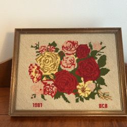 Vintage Wall Decor Needlepoint Roses 1987 13” x 10.25”