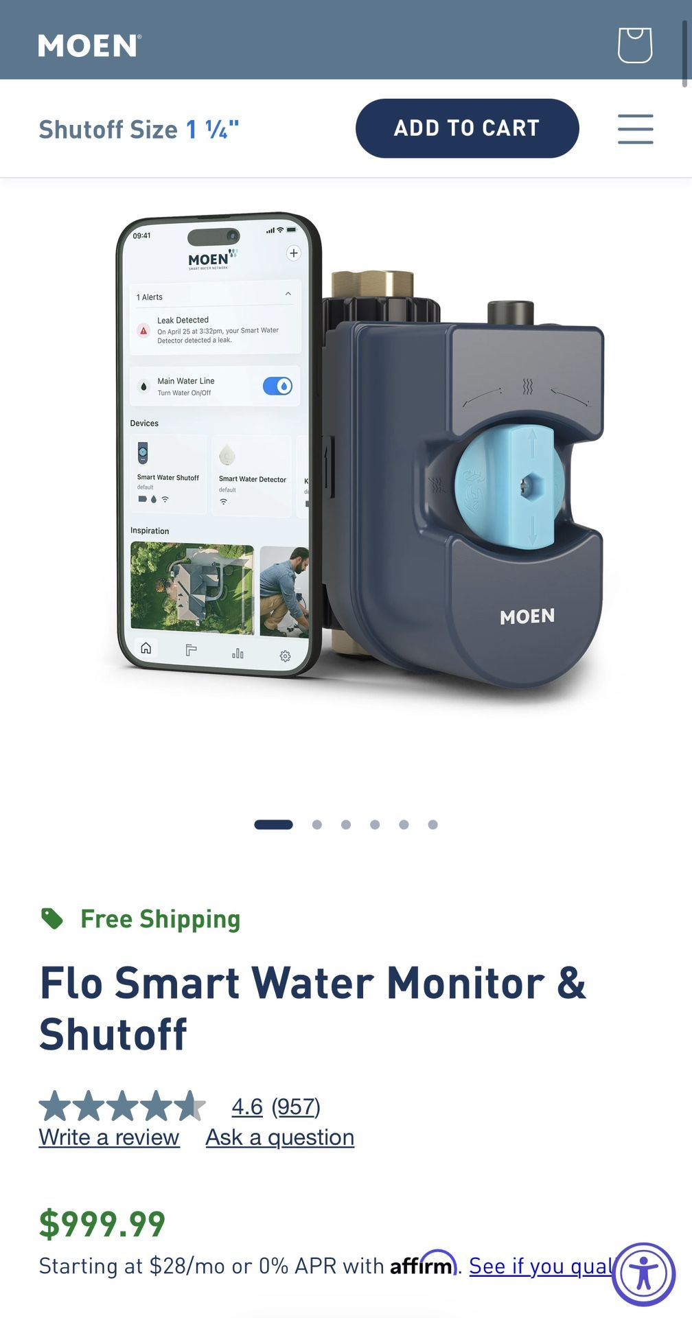 *BRAND NEW* Moen Flo Smart Water Monitor & Shutoff — Leak Detection + Auto Shutoff. Size 1.25”
