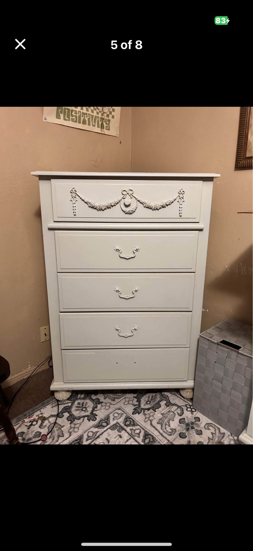 🎁BEAUTIFUL 4 PIECE BEDROOM SET: LONG DRESSER WITH MIRROR, TALL CHEST, NIGHTSTAND- WHITE COLOR🎁