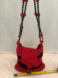 Red and Black Crochet Handbag with Beaded Straps