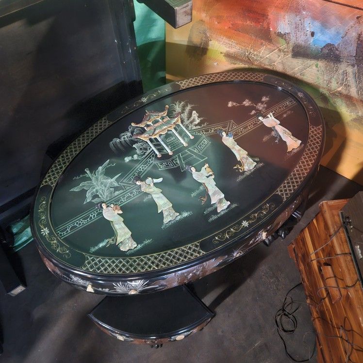 Oriental Coffee Table And 4 Stools/chairs Mother Of Pearl Ornate Design Clawfoot Wood