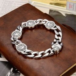 Real 925 Sterling Silver Men's Bracelet Bagua Round Disk With Curb Link Chain 7.87in