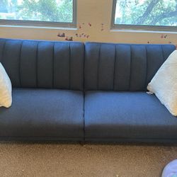 Couch/sofa/Novogratz Brittany Sofa Futon, Premium Linen Upholstery and Wooden Legs, Blue Linen