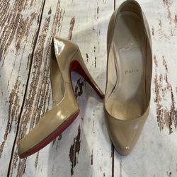 CHRISTIAN LOUBOUTIN PIGALLE 120 PATENT LEATHER NUDE HEELS