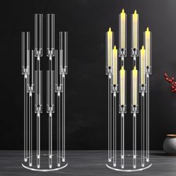 Set  Of 2  8 Arms Acrylic Candelabra Centerpieces for Tables Decortion,Clear Candle Holder for Wedding Dinner Fireplace Decoration 