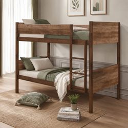  Brown Mission Style Panel Design Twin over Twin Size Bunk Bed Litera Bunkbed