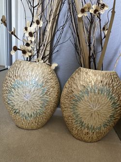 Pair of Capiz Shell Mosaic Floor Vases with Arrangements Coastal Decor