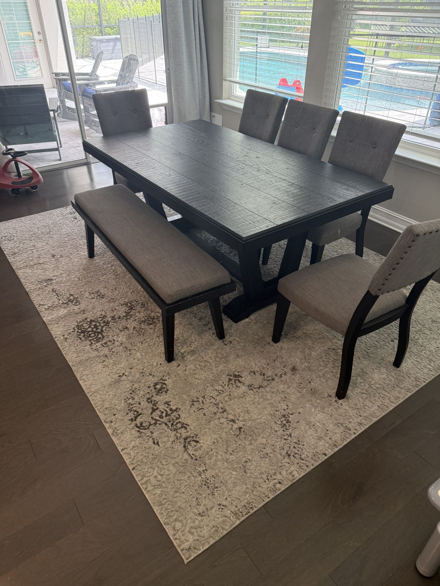 Used Dining Table With Chairs, Bench, And Rug 