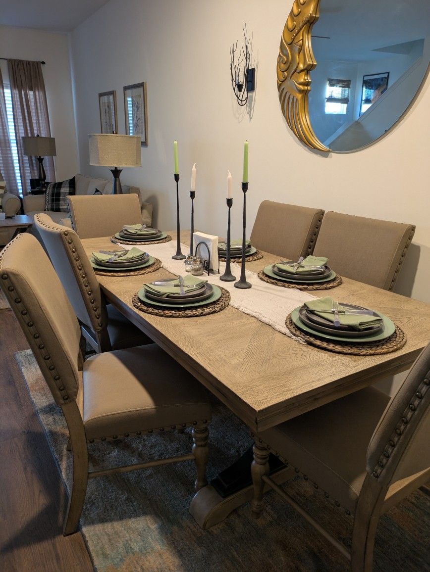 Contemporary Rustic Dining Table With 6 Upholstered Chairs In Suade