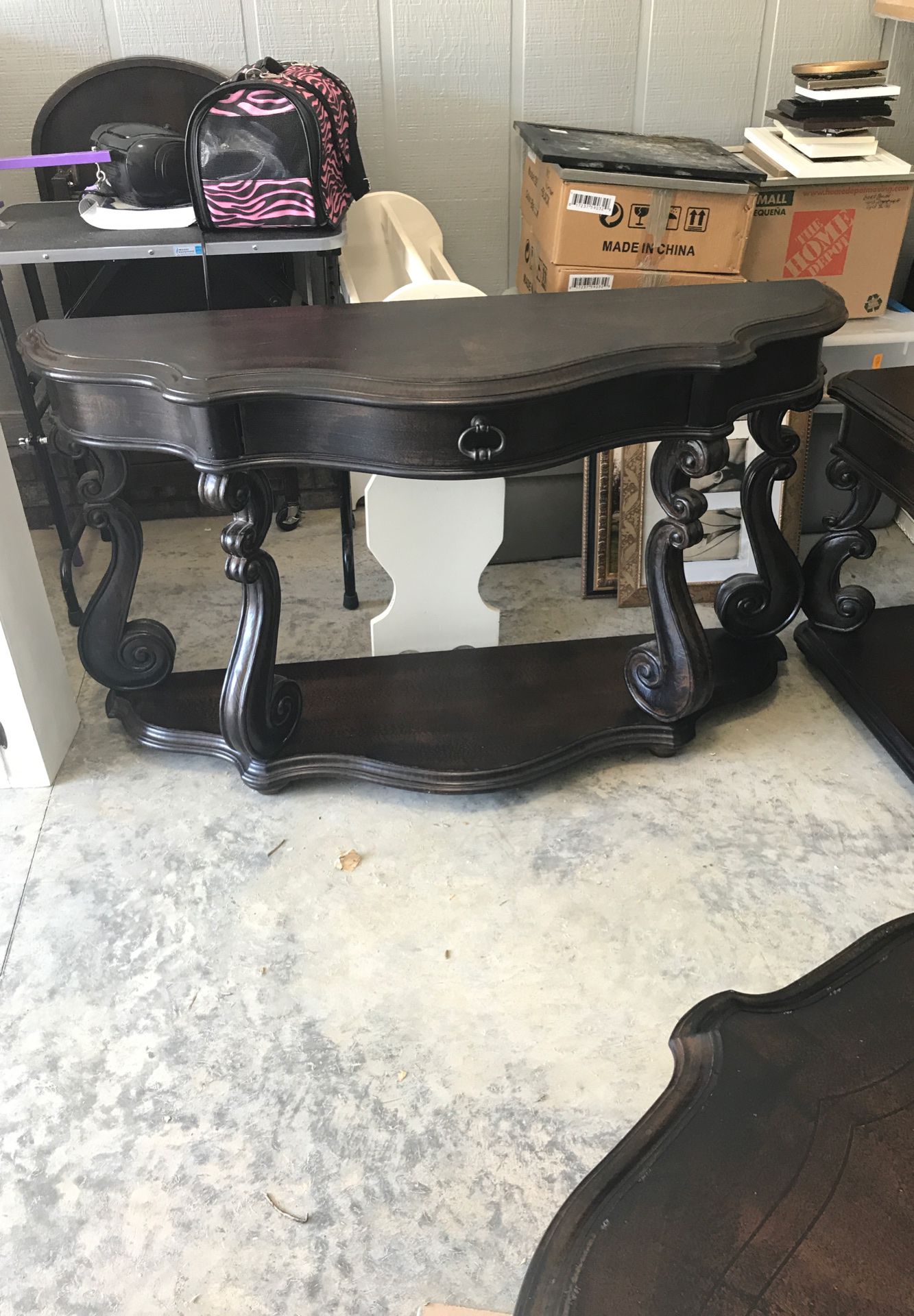 Black distressed console table, in great condition.