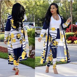 Navy Blue And Yellow Floral Cardigan And Pants Set Size 2X