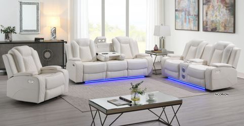 WHITE 3-PC SOFA / LOVESEAT / RECLINER WITH POWER HEADREST & FOOTREST & BLUETOOTH SPEAKERS & LED LIGHTS & CHARGING PORTS
