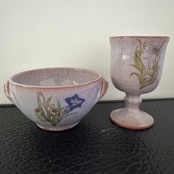 Set O Goblet And Bowl Clay Pottery Hand Painted